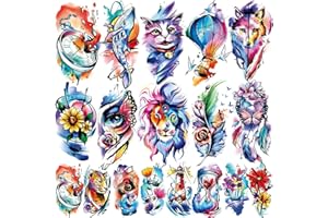 Acevegue 79 Hojas Tatuaje en acuarela, 15 Hojas Grandes Realistas León y Lobo Tatuajes Falsos, 64 Hojas 3D Pequeñas Flores y Mariposas Tatuajes Temporales de Colores para Adultos, Mujeres y Hombres