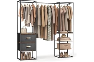 ‎SONGMICS SONGMICS Kleiderständer, offener Kleiderschrank, Garderobenständer hochbelastbar, 1 ausziehbare Stange, 2 Schubladen, 4 Ablagen, für Schlafzimmer, platzsparend, vintagebraun RGR003B01