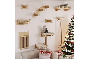 BYBYME Katzenkletterwand-Set aus Naturholz, 8-teiliges stabiles Möbelstück mit Kratzbäumen, Kätzchenplattform, 100 cm Sisalseil, Spielen und Faulenzen von Katzen (Naturholz)