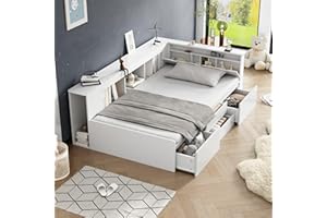 Aoskem Einzelbett Kinderbett Bett 90x200 Bett mit Stauraum Schubladen & Stauschrank & Bücherregal, Holzbett Stauraumbett Bettgestell Bettkasten, Flachbett Jugendbett Funktionsbett, Ohne Matratze, Weiß