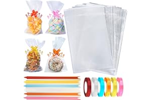 MILRO Cellophane Bags Pack of 180 (6 x 10 Inches) Food Safe Cookie Bags with Mix Colors Gorgeous Pull Bows and Ribbons - Flat Bottom Clear Bags for Sweets, Gifts Packaging for Christmas, Halloween, Birthday