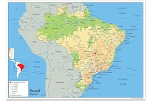 TIGER MOON Carte physique du Brésil en papier laminé, GA A1 Size 59.4 x 84.1 cm