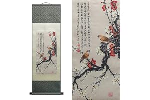 VALART Seta Scorri Pittura Decorazione Parete Asiatica 4 Colori Fiore Uccello - Pappagallo Tordo Gazza Storno - Tordo Giallo Rotolo Arte Cinese Rotolo Pittura Sospeso Decorazione Orientale (94 x 30 cm)