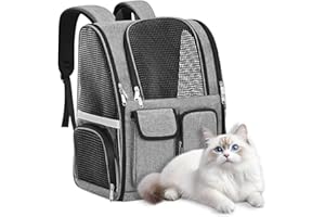 LAUVIOMIFY Katzenrucksack Doppel-Schulter Haustier Rucksack – Atmungsaktive Katzentasche mit großer Kapazität, Mehrfach-Reißverschluss, Reflektierende Streifen, Komfortable S-Gurte, Dunkelgrau 41x35x25cm
