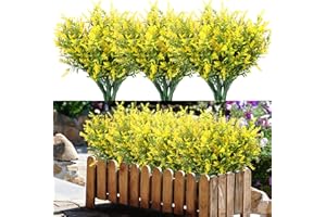 BINYI Ramos de Flores Artificiales Decoracion 10 Pieza Plantas Artificiales Decorativas Arbustos Artificiales Flore de Plastico para Cementerio Lavanda Artificial para Interior Exterior Jardín (Amarillo)