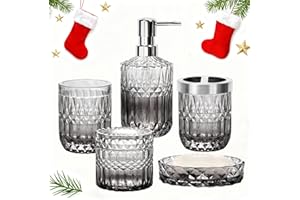 YIK TUNG 5-Piece Bathroom Set, Glass Bathroom Accessories, Modern Soap Dispenser Set, Soap Dish, Toothbrush Holder, Cotton Buds Canister, Tumbler (Black gradient)