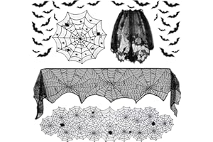 MARUKO 40 PCS Halloween Decorations Set - Lace Round Tablecloth, Spooky Bat Spiderweb Rectangular Tablecloth, Fireplace Mantel Scarf and Spider Lampshade with 36pcs Scary 3D Bat