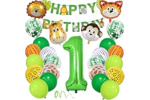 YOYOIN 1 Año Decoracion Cumpleaños, Selva Fiesta Cumpleaños Decorar con Globos Animales Safari Happy Birthday Banner 40'' 1 Globo para Wild One Infantil Niño Suministros de Primer Cumpleaños
