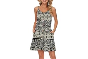 WNEEDU Robe D'été Femme Bretelles Spaghetti de Plage Robes Décontractée Courte Col en V avec Poches