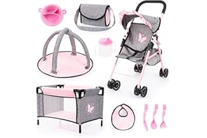 BAYER DESIGN Bayer Pink Dolls Stroller 10 Pieces - Baby Doll Pram Set with Kids Pushchair for Dolls 46 cm, Cot, Play Mat, Feeding Accessories, Changing Bag, Basket - Toy Buggy for Girls, Toddler