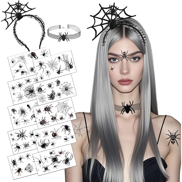 Set Gioielli Halloween Con Ragni, Include Collana, Orecchini E Cerchietto In Pizzo Nero - Accessorio Per Feste E Cosplay