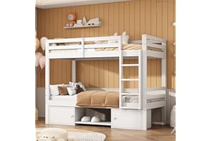 Becag Kinderbett 90x200 Etagenbett für 2 Kinder, Holzbett mit Schuhregale und 2 Schließfächer, Hochbett Hausbett mit Rausfallschutz und Lattenrost, In 2 Einzelbetten Aufteilbar, Ohne Matratze, Weiß