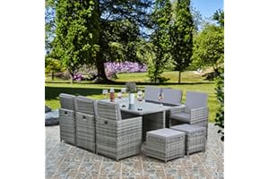 RayGar Deluxe 11 Piece 10 Seater Rattan Cube Dining Table Garden Furniture Patio Set (Grey/Grey)