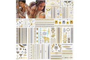 URAQT Metaliczne tatuaże, 20 arkuszy tymczasowego papieru do tatuażu z 200 wzorami, wodoodporny, zdejmowany, złoty, srebrny, sztuczna biżuteria, naklejka do ciała, dla dorosłych i dzieci