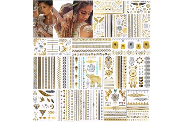 URAQT Tatouages Temporaires 20 feuilles, Autocollants Métalliques Étanche Dorés Faux Tatouages, Tatouage Ephemere Femme pour enfants adultes hommes et femmes Résistant Eau et Sueur, Non Toxique