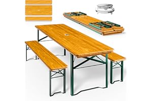Casaria® Ensemble Table et bancs en Bois de Brasserie 170x46x75cm Pliable Meubles de Jardin 3 pièces avec Support Parasol