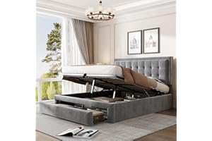 Kayan Upholstered Super King Size Bed 180 x 200cm, Ottoman Storage Bed with Hydraulic Lever and Drawer, Large Storage Space, Velvet Fabric Ottoman Lift Up 6FT Super King Size Bed Frame, No Mattress