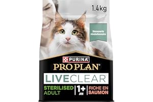 PURINA ONE PURINA PRO PLAN | Liveclear | Chat Adulte | Stérilisé | Croquettes Riches En Saumon | Réduit activement les allergènes présents dans les poils de chat | Sac | Lot de 6 x 1,4Kg