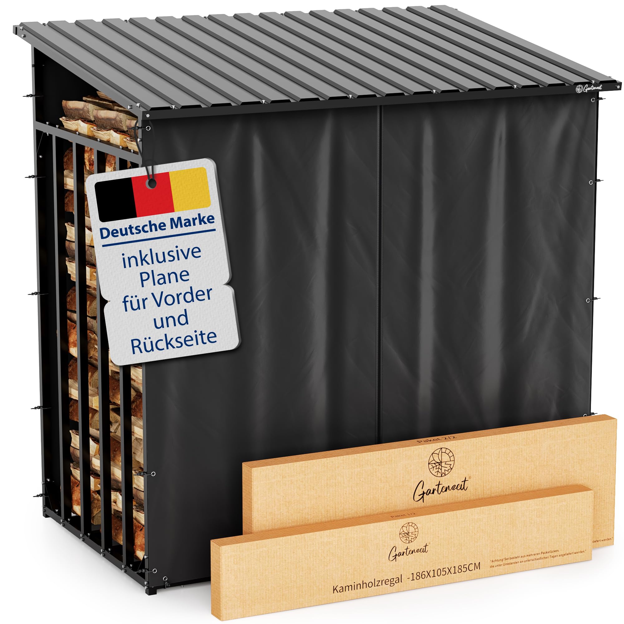 Gartenzeit® Kaminholzregal Außen XXXL 186x105x185cm – 3,45m³, 5,25SRM, Metallrahmen 30x30mm, Metalldach, feuerverzinkt, 105cm tief, Brennholzregal Holzstapelhilfe Holzunterstand Außen… (FH_003) - 1