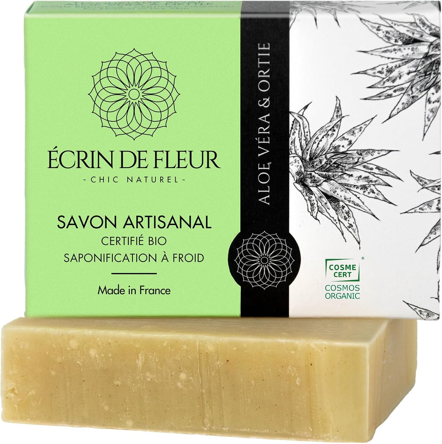 Écrin de Fleur – Jabón Sólido Ecológico de Aloe Vera y Ortiga, Artesanal en Francia, Certificado COSMOS Organic y Nature et Progrès, Pachulí y Menta, 90g