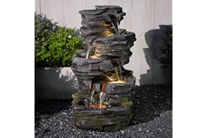 Sunlinua Garden Water Feature with LED Lights, Large Outdoor Fountain Floor Standing 5-Tier Cascading Garden Fountains Natural Waterfall Fountains for Patio, Porch, Backyard Home Décor,100cm Height