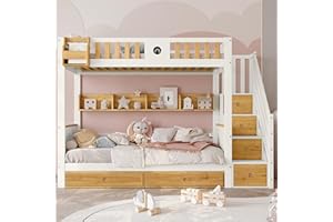LAKFEW Kinderbett Etagenbett 90x200 cm für 2 Kinder mit Stauraum Treppe und Regale, Hochbett mit Rausfallschutz und 2 Schubladen, Holzbett mit Lattenrost aus Holz, Weiß + Natur, Ohne Matratze