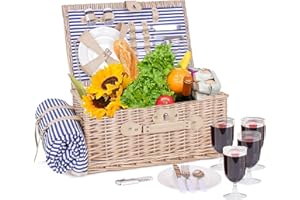 HOMCENT Wicker Picnic Basket Set for 4 People with Lid and Handle,Waterproof Picnic Blanket, Ceramic Plates, Stainless Steel Forks, Knives and Spoons,Wine Glasses, Pepper Shakers, Bottle Opener