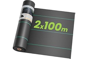 OUNUO 2 x 100 m Malla Antihierbas, Malla contra Malas Hierbas, 90 g/m² Geotextil, Protección césped Artificial, Lona antimalezas jardín, Anti-UV, Negro