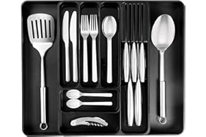 Nuovva Adjustable Utensil Tray – Expandable Drawer Divider for Knives, Forks and Spoons – Black