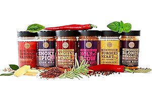 SALDVA Gourmet Selection of Premium BBQ Seasonings - Holy Cow, Angel’s Wings, Smoky Pig, Tandoori Rajah, Burger's Heart & Blonde Mermaid BBQ Rubs | Pack of 6 | 100% Natural | Great Spices Gift For Foodie