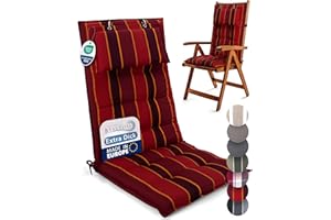 ‎BEAUTISSU Beautissu Premium Hochlehner Auflage mit Kopfpolster 120x50cm Sun-HL – 8cm Dickes Polster Gartenstuhlauflage rutschfest Befestigungsbänder UV-Lichtechtheit 5 – Robuster Stoff Rot Gestreift