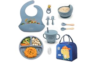 EZIO'S SPARKLE 12-Piece Baby Weaning Set with Insulated Lunch Bag – BPA-Free Silicone Strong Suction Divided Plate, Bowl, Spoon, Fork, Bib w/Catcher–Microwave & Dishwasher Safe Baby Feeding Set-Baby Gifts - Blue
