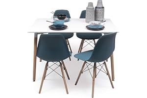 Homely - Conjunto de Comedor de diseño nórdico Nordic 140 con Mesa lacada Blanca de 140x90 cm y 4 sillas (Turquesa)