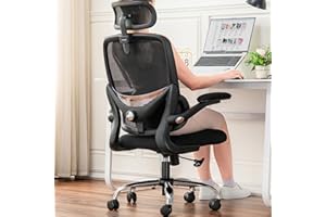 ‎TONFARY TONFARY Ergonomiczny fotel do domowego biura z siatkowym wysokim oparciem, regulowanym wsparciem lędźwiowym, podłokietnikami, zagłówkiem,oszczędność miejsca krzesło gamingowe, 150 kg (Czarny)