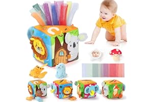 URMYWO Juguetes Bebes 6-12 Meses, Caja de Pañuelos y Juegos Montessori con Papel Arrugado, Pañuelos de Seda y Espejo Seguro para Estimular la Motricidad Fina y Desarrollo Sensorial - Regalo