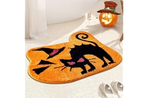 Waslary Halloween Alfombra de Baño Felpudo Gato Negro Absorbente Divertida Antideslizante para Pasillos Baños Dormitorios Entradas (Naranja,80×69cm)