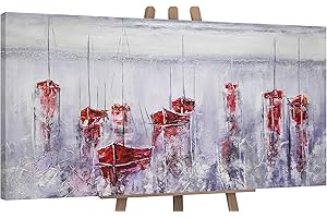 YS-Art Abstrakt Acryl Gemälde auf Leinwand handgemalt Stiller Hafen Wandbilder Wohnzimmer moderne Segelboote im Wasser Wohndekor Bilder echte Kunst 100x50 cm