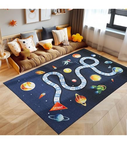 Tappeto Universo Cartoni Animati 120x180 Cm - Morbido, Lavabile, Antiscivolo Per Soggiorno E Camera, Design Moderno Con Pianeti E Razzo