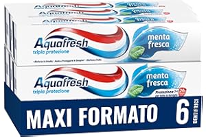 Aquafresh Potrójna ochrona, pasta do zębów 3 w 1 dla całej rodziny, silne zęby, zdrowe dziąsła, świeży oddech, świeży miętowy smak, Maxi opakowanie 6 past do zębów x75ml - 450ml