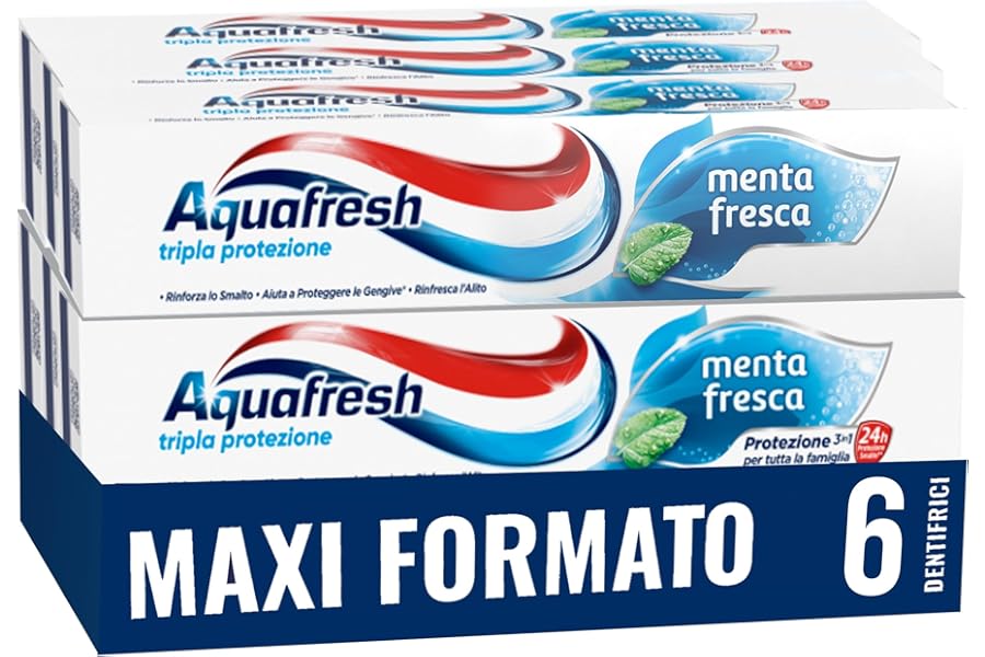 Aquafresh Triple Protection, 3 in 1 Toothpaste for the Whole Family, Strong Teeth, Healthy Gums, Fresh Breath, Fresh Mint Taste, Maxi Pack 6 x 75ml - 450ml
