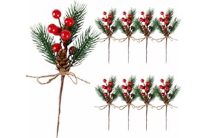 ALAGIRLS 8 PCS 8” Artificial Pine Picks, Pine Needles Branches with Red Berry Stems, Small Fake Berries Pinecones Branches for Crafts Christmas Tree DIY Garland Holiday Wreath