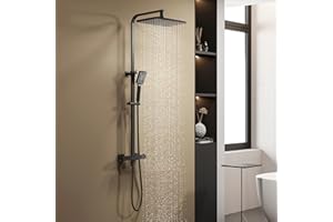 YOOZENA Columna Ducha de Baño Termostática con Altura Ajustable con Grifo, Alcachofa con Manguera, Cuadrada efecto Lluvia 29x19cm negra