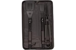 3pc Black/Black Wooden BBQ Tools Set - Outdoor Kitchen Camping Barbecue Grill Cooking Utensils Accessories Gift Kit for Men with Bag - By BobbyQ