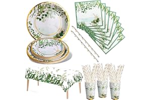 Nkaiso Stoviglie per Feste Verde 121 Pezzi Piatti Di Carta Verde Salvia e Bicchieri, Piatti Per Baby Shower Tazze Tovaglioli, Per Feste Di Compleanno Tea Party Compleanno Matrimoni- 24 Ospiti