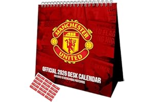 DANILO PROMOTIONS LTD Manchester United 2026 Desk Easel Flip Calendar Man united Calendar with Free Organisational Stickers