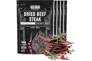 The Meat Makers Peppered Dried Beef Jerky Steak (500g) - Bistec de cecina de vaca seca, Cecina de Vaca, Carne Seca, Snack de Carne, Alto en Proteínas, Bajo en Calorías. Carne seca para personas.