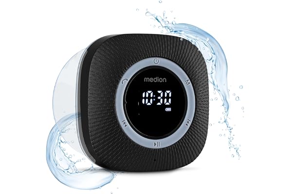 MEDION S66884 Radio de Douche avec Bluetooth (Radio de Salle de Bain, Radio FM, Ventouse, écran LED, IPX6 étanche, Batterie intégrée, MD43884) Noir