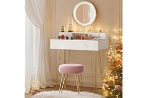 VASAGLE Schminktisch mit Hocker und Beleuchtung, Steckdosenleiste, Spiegel, Frisiertisch, 40 x 80 x 134,8 cm, Kosmetiktisch mit Schubladen, gepolsterter Sitzhocker, mattweiß-blassgold RVT019W01