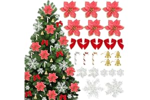 BOFUNX 120pcs Fiori di Natale Glitterati Fiori per Albero di Natale Fiori Artificiali Natale Glitter con Fiocchi Natalizi e Fiocco di Neve Ornamenti Addobbi per Decorazione Natale Capodanno