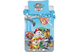 PAW PATROL Parure de Lit Pat' Patrouille pour Petit Lit ou Lit Bébé, 100% Coton, Housse de Couette 100x135 cm et Taie d'Oreiller 40x60 cm, avec Chase, Marcus, Stella, Ruben, Zuma et Rocky